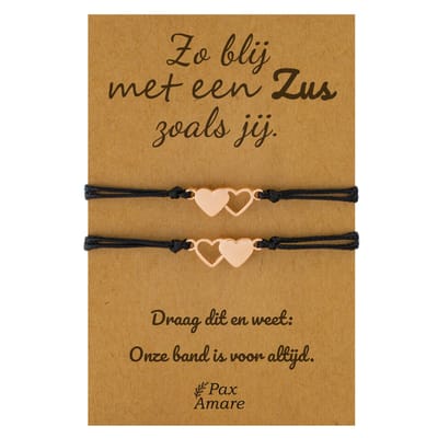Vriendschapsarmbandjes voor 2 "Zo blij met een zus zoals jij" - Hartjes - BFF Armbandjes met Cadeau Kaartje - Rosé Goud & Zwart - Elastisch Verstelbaar - Pax Amare