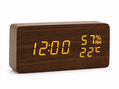 TIN-IN Digitale klok - Bureauklok - Wooden look - Donker hout + Witte cijfers met Temperatuur- en Luchtvochtigheidsmeter