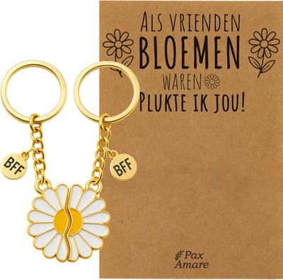 BFF Sleutelhanger voor 2 'Als vrienden bloemen waren, plukte ik jou' - Magnetische Bloem - Sleutelhanger set op Cadeau Kaartje - Goudkleurig - Vriendschap Symbool - Pax Amare