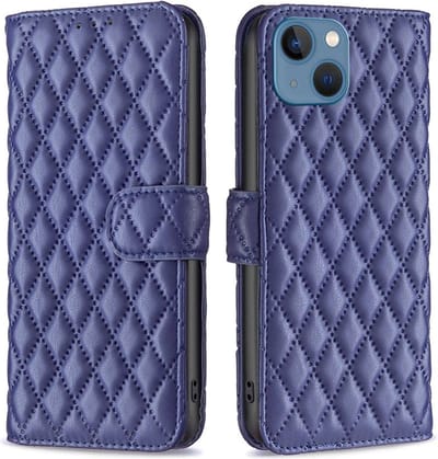 BINFEN Hoesje - Geschikt voor iPhone 13 Hoesje - BINFEN Rhombus Book Case - Blauw