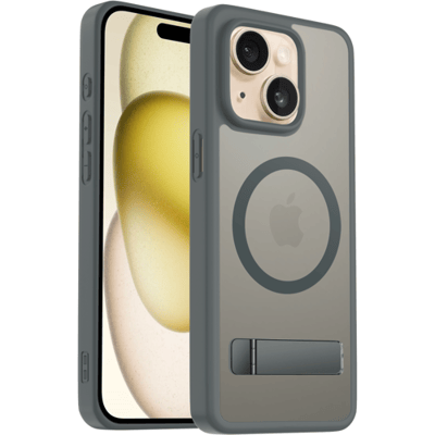 Coverzs Matte Magnetische Case met Standaard (Grijs) Geschikt voor iPhone 15 – Slanke Hardcase met Premium Bescherming en Luxe Afwerking
