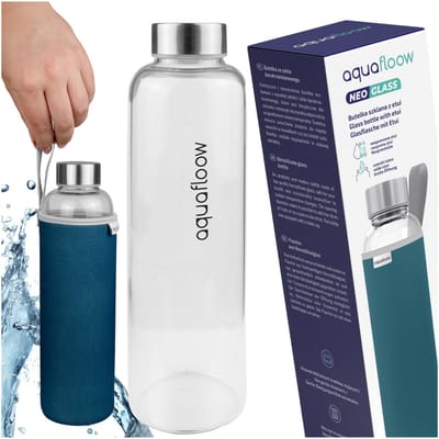 Aquafloow drinkfles, glas, 700 ml met neopreen hoes, waterfles van helder borosilicaatglas met metalen dop, BPA-vrij, lekvrij, perfect voor kantoor, buiten, school, sportschool, marineblauw kleur