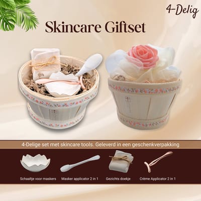 Skincare Tools Giftset in cadeauverpakking. Geschenkset van Lutalica bevat: Masker Applicator, Crème Spatel, Mengkom en Gezichtsdoekje.
