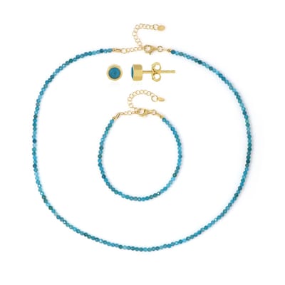 Cavill - 925 Sterling Zilver Verguld Sieradenset - Braziliaanse Neon Blauwe Apatiet 35,8 ct - Elegant Verstelbare Ketting, Armband & Oorbellen