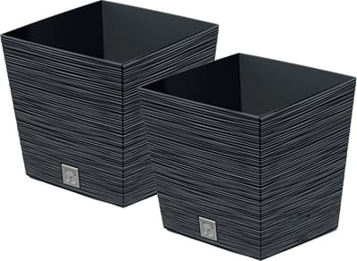 Prosperplast Plantenpot/bloempot Furu Stripes - 2x - voor buiten - kunststof - antraciet - vierkant - D29.5 x H29 cm