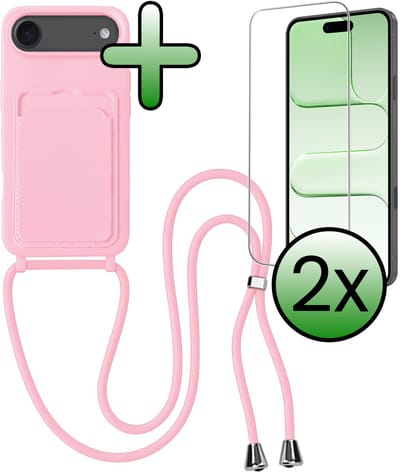 Hoes Geschikt voor iPhone Air Hoesje Pas Houder Case Hoes Met Koord Met 2x Screenprotector - Hoesje Geschikt voor iPhone Air Hoes Met Telefoonkoord Pasjeshouder Cover - Lichtroze