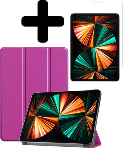 Hoes - Geschikt voor Apple iPad Pro (2021) - 11 inch - 3e generatie - Met Screenprotector - Trifold Bookcase - Hard Cover - Hardcover Book Case - Tablet Hoesje - Paars