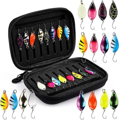 Set van 16 Meerkleurige Forellepels met Paillettenaas en Opbergdoos voor Snoek en Baars, 2,5 g/3,5 g/5 g