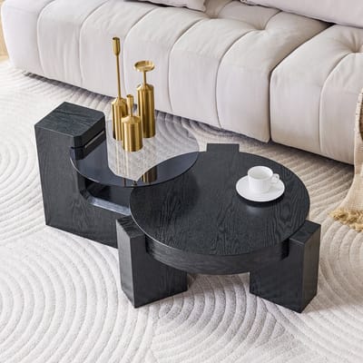 STILVORA Salontafelset - Rond 2-Laags Scheidbaar Design - Voor Woonkamer En Balkon - MDF En Glas - Zwart - 61 Cm