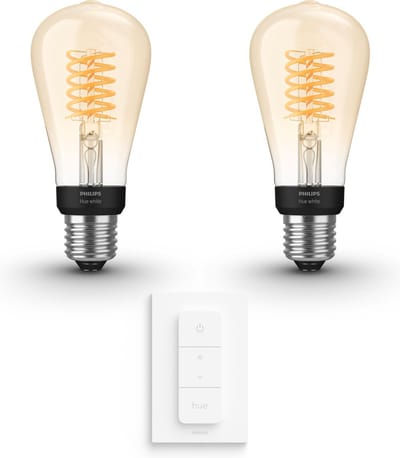 Philips Hue Uitbreidingspakket - E27 - met 2 Filament Edisonlampen Klein (ST64) - Warmwit Licht - Incl. 1 Hue Dimmer Switch - Hue White Filament