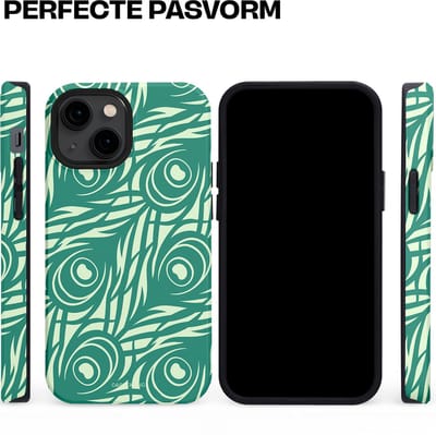 Casetastic hoesje geschikt voor Apple iPhone 13 mini - MagSafe - Dubbellaagse bescherming - Troste Turquoise Pauw Veren - Fashion Case - Turquoise Mintgroen Crème