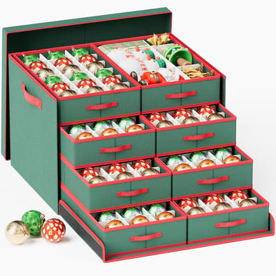 Famanu – Kerstballendecoraties opbergdoos - geschikt voor maximaal 75 boomornamenten - vakantieornamentenorganizer - verdeeld over 3 trays met verdelers om duurzaam 600D Oxford-materiaal te organiseren