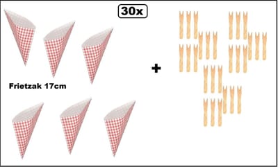 30x Friet zak Boerenbont 17cm papier + 30x houten friet vorkje - Friet puntzak patat friet frites bakje snack zak evenement uitdeel