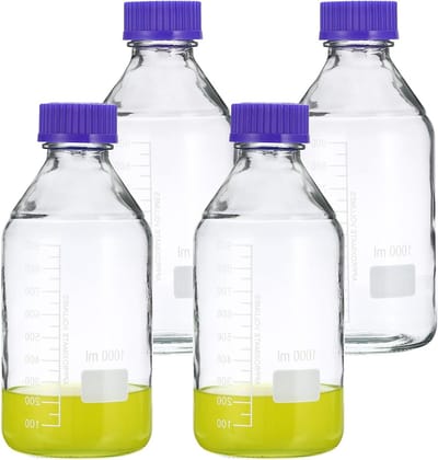 4 Pack Media Opslagflessen van 1000ml, Borosilicaatglas Gegradueerde Ronde Flessen met GL45 Blauwe Schroefdop voor Laboratorium Water en Reagentia, Duidelijk en Duurzaam