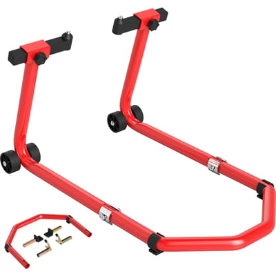 HOMCOM Voorwielstandaard Achterlader UK motorfiets werkplaatsstandaard met verstelbare stalen arm motorfiets vorkstandaard voor reparatie thuisopslag rood