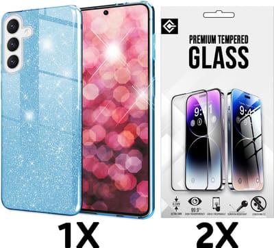 Casemania Hoesje + Glas Geschikt voor Samsung Galaxy A26 - Blauw - Glitter Back Cover - 2x Glazen Screenprotector