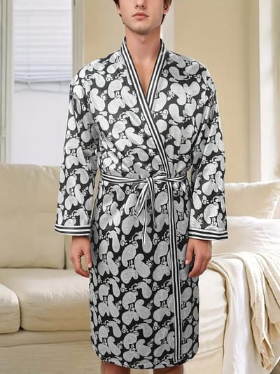 ochtendjas badjas paisley print pyjama set satijn heren nachtmode goedkoop zijde zwart wit lange mouwen sexy mannen huispak