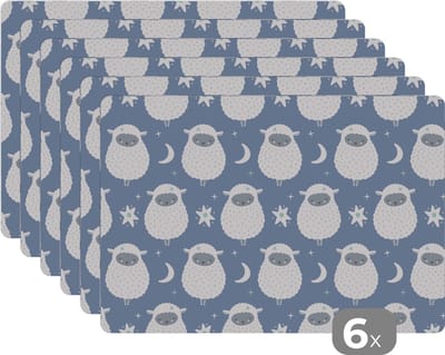 Placemat - Placemats kunststof - Schapen - Nacht - Maan - Patronen - 45x30 cm - 6 stuks - Hittebestendig - Anti-Slip - Onderlegger - Afneembaar