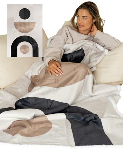Plaid - Deken met flexibele Voetenzak - Fleece - Sherpa - Bruin - Crème - Print - 180 x 130 cm