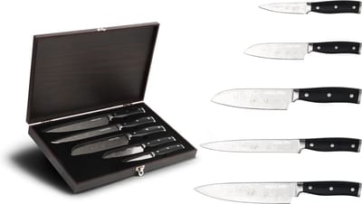 Swiss Pro+ Luxe en Professionele 5-delige Keukenmessen-set van Damascus Staal (67 lagen, VG10) | Xinzuo B32 | Vlijmscherpe Damas Stalen Lemmeten | G10 Handvaten met klinknagel mozaïek | Koksmes + Snijmes + Vleesmes + Santokumes + Schilmes
