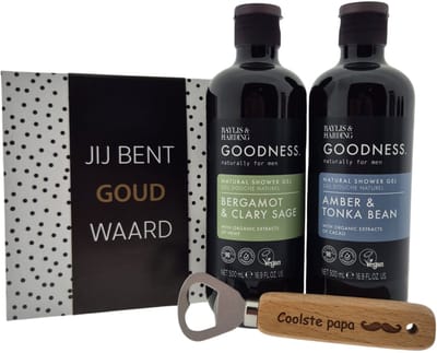 Baylis & Harding Men Douche Cadeauset – 2x Shower Gel met Puff, Chocoladewens & Bieropener “Coolste Papa” – Vaderdagcadeau voor Mannen