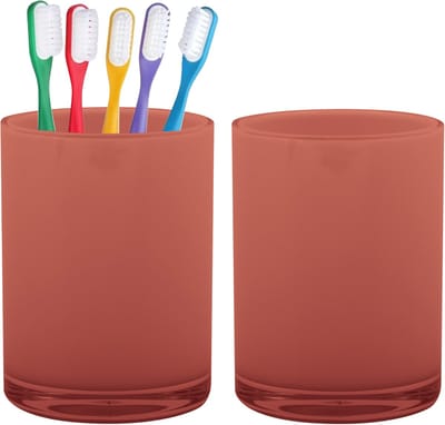 Home & Styling badkamer bekers - 2x - tandenborstelhouder - Troyes - kunststof - terra - 7 x 9 cm