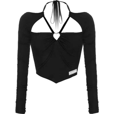 Egirl haut à licou coeur creux sangle croisée T-shirt sans bretelles haut irrégulier à manches longues bretelles T-shirt hauts noirs t-shirts Sexy L noir