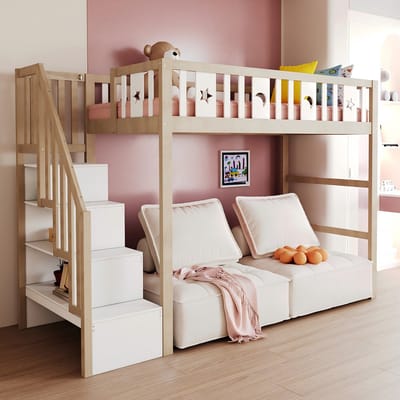 PHOEBE CAT Hoogslaper - 90 × 200 cm - Opbergruimte - Sterren- en Maanmotief - Kinderbed - Wit + Naturel (zonder bank)