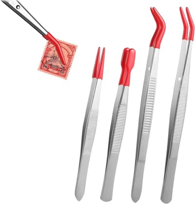 Set van 4 Rubber Tip Pincetten met Gebogen en Platte RVS Pincet voor Industrie, Sieraden en Hobby's