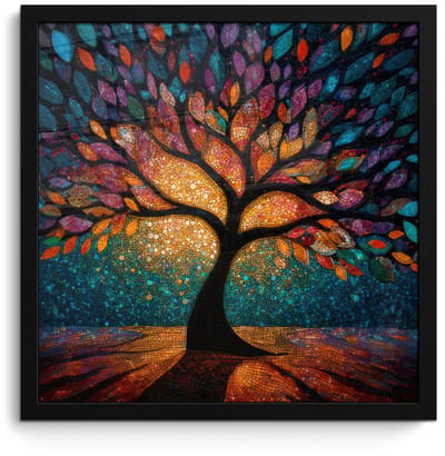 Poster in lijst - Fotolijst 40x40 cm - Posters - Mozaïek - Kleurrijk - Boom - Takken - Posterlijst zwart - Decoratie - Wanddecoratie woonkamer - Muurdecoratie slaapkamer