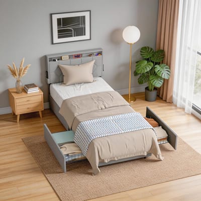 Gestoffen Bed - Van Linnenstof - 90x200cm - Bedframe - Met Rolbare Lades - Gepolsterd Hoofdeinde - Metalen Frame - Ladebed - Met Opbergruimte Onder Het Bed - Lichtgrijs - NAIZY