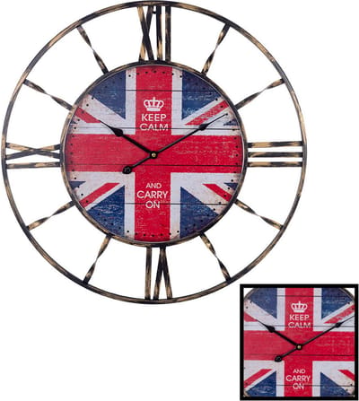 XL Ronde Wandklok 60 Cm met Engelse Vlag & Tekst: KEEP CALM and Carry On - Keuken - Woonkamer - Klasiek - Industrieel