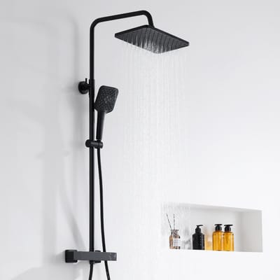Auralum Max Thermostatische Douchekraan - Regendouche - Doucheset - 12 inch Douchekop - 3 Functies Handdouche - Inclusief thermostaatkraan - Douchekolom - Matte Zwart