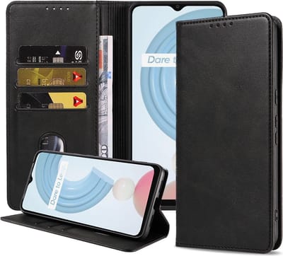 Smartphonica Telefoonhoesje geschikt voor Realme C21Y / C25Y kunstleren Hoesje met Magnetische sluiting en Pasjeshouders Book Case met Klepje - Zwart geschikt voor Realme C21Y;Realme C25Y