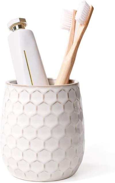SnelShoppen - Modern Witte Keramische Tandenborstelhouder 400ml met Honingraat Motief - Herbruikbare Tandenborstel Cup voor Tandpasta en Make-up Borst