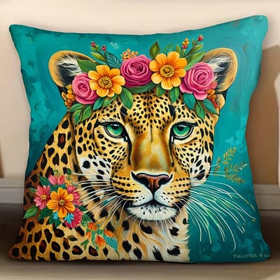 2D plat - Boho Bloemig Luipaard Kussenhoes Petrol Wilde Kat Decoratieve Kussenhoes voor Huis Woonkamer Slaapkamer Bank Sofa 40x40cm