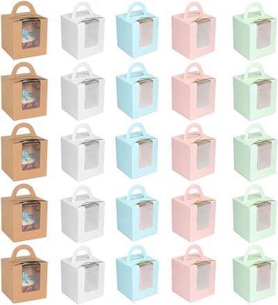 25 Stuks Cadeau Dozen voor Cupcakes, Individuele Muffin Verpakkingen met Venster en Inzetstukken voor Bruiloften en Feestjes in 5 Kleuren
