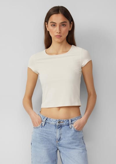 Dames T-shirt met ronde hals van gewafeld piquéjersey QS