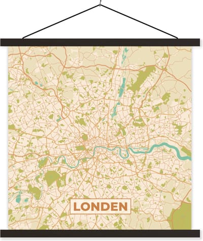Posterhanger incl. Poster 60x60 cm - Schoolplaat - Londen - Stadskaart - Plattegrond - Vintage - Kaart - Textielposter - Zwarte latten - Stadskaart