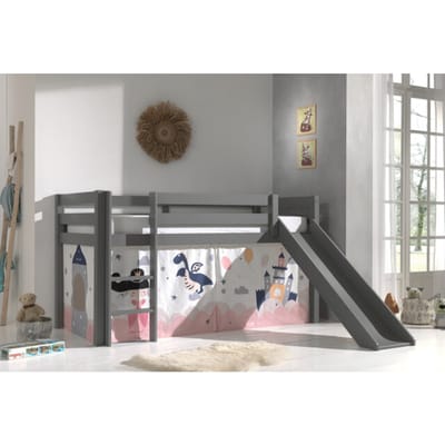 LUCEVI - Pino Halfhoogslaper H115CM + Ladder + Glijbaan + Princess Sophie Gordijntjes - Grijs - 90x200 cm