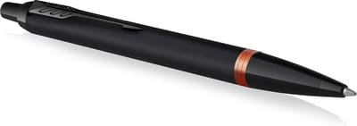 Parker IM Vibrant Rings balpen | satijn zwarte lak met feloranje details | medium punt met blauwe inkt navulling | geschenkdoos