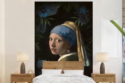 Behang - Fotobehang Meisje met de parel - Johannes Vermeer - Bloemen - Breedte 145 cm x hoogte 220 cm