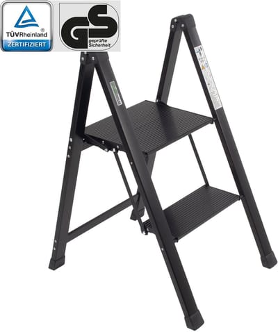 TRUTZHOLM Aluminium Trapladder 2 Treden Zwart - TÜV/GS 150kg Huishoudtrap - Ultra-Licht 3kg Opstapje Antisliptreden Trapje