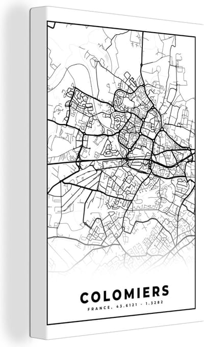 Canvas Schilderij Frankrijk - Kaart - Plattegrond - Colomiers - Stadskaart - Zwart wit - 20x30 cm - Wanddecoratie
