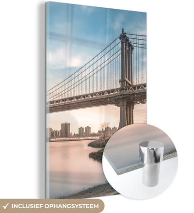 MuchoWow® Glasschilderij 120x180 cm - Schilderij acrylglas - New York - Rivier - Bridge - Foto op glas - Schilderijen