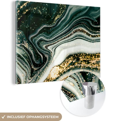 MuchoWow® Glasschilderij 80x60 cm - Schilderij acrylglas - Marmerlook - Goud - Groen - Glitter - Design - Marmer - Foto op glas - Schilderijen
