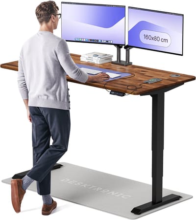 Desktronic HomePro Zit-sta Bureau Elektrisch In Hoogte Verstelbaar, 160x80 cm Massief Notenhout/Zwart, Stille Dubbele Motor, Hoogte 62-126cm