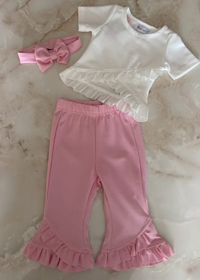 Baby & Peuter Meisjes 3-Delige Set Roze/Wit – Ruffle Top, Broek & Haarband – Maat 68 t/m 104
