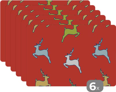 Placemat - Placemats kunststof - Patroon - Hert - Rood - 45x30 cm - 6 stuks - Hittebestendig - Anti-Slip - Onderlegger - Afneembaar