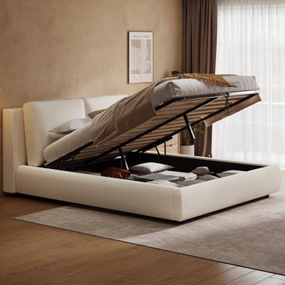 Gestofferd bed 180x200 cm - tweepersoonsbed - met lattenbodem - met hoofdeinde en opbergruimte - zonder matras - beige